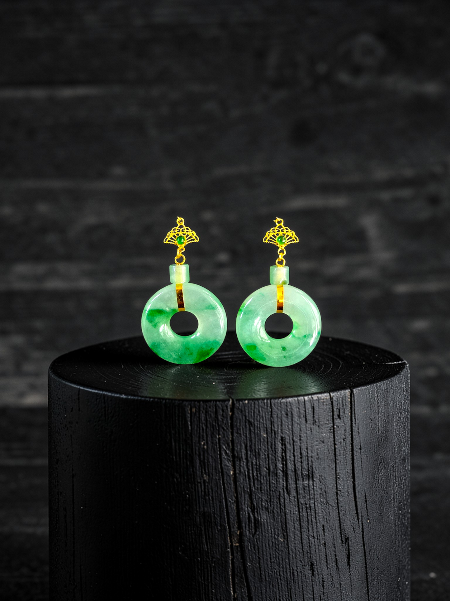 Inuyama Dangling Donut Icy Green Burmese A-Jade French Hook Earrings (with 18K Yellow Gold) - Certified