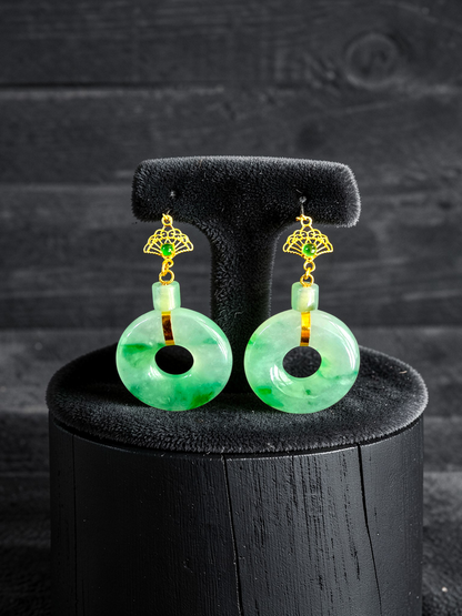 Inuyama Dangling Donut Icy Green Burmese A-Jade French Hook Earrings (with 18K Yellow Gold) - Certified
