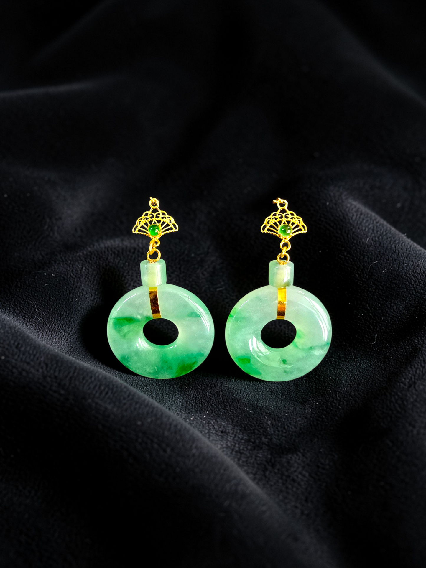Inuyama Dangling Donut Icy Green Burmese A-Jade French Hook Earrings (with 18K Yellow Gold) - Certified