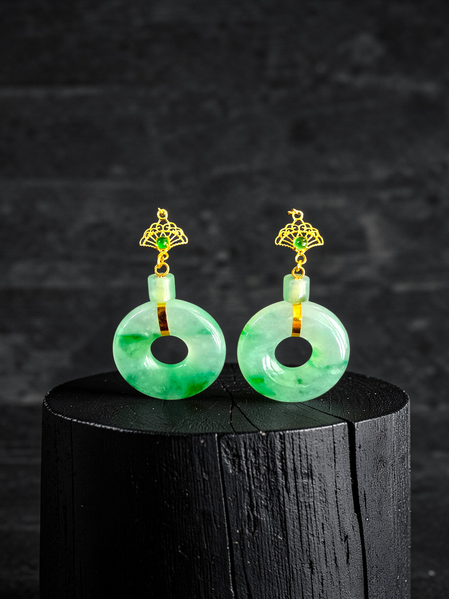 Inuyama Dangling Donut Icy Green Burmese A-Jade French Hook Earrings (with 18K Yellow Gold) - Certified