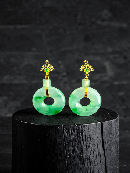 Inuyama Dangling Donut Icy Green Burmese A-Jade French Hook Earrings (with 18K Yellow Gold) - Certified