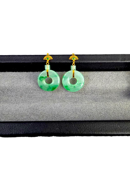 Inuyama Dangling Donut Icy Green Burmese A-Jade French Hook Earrings (with 18K Yellow Gold) - Certified