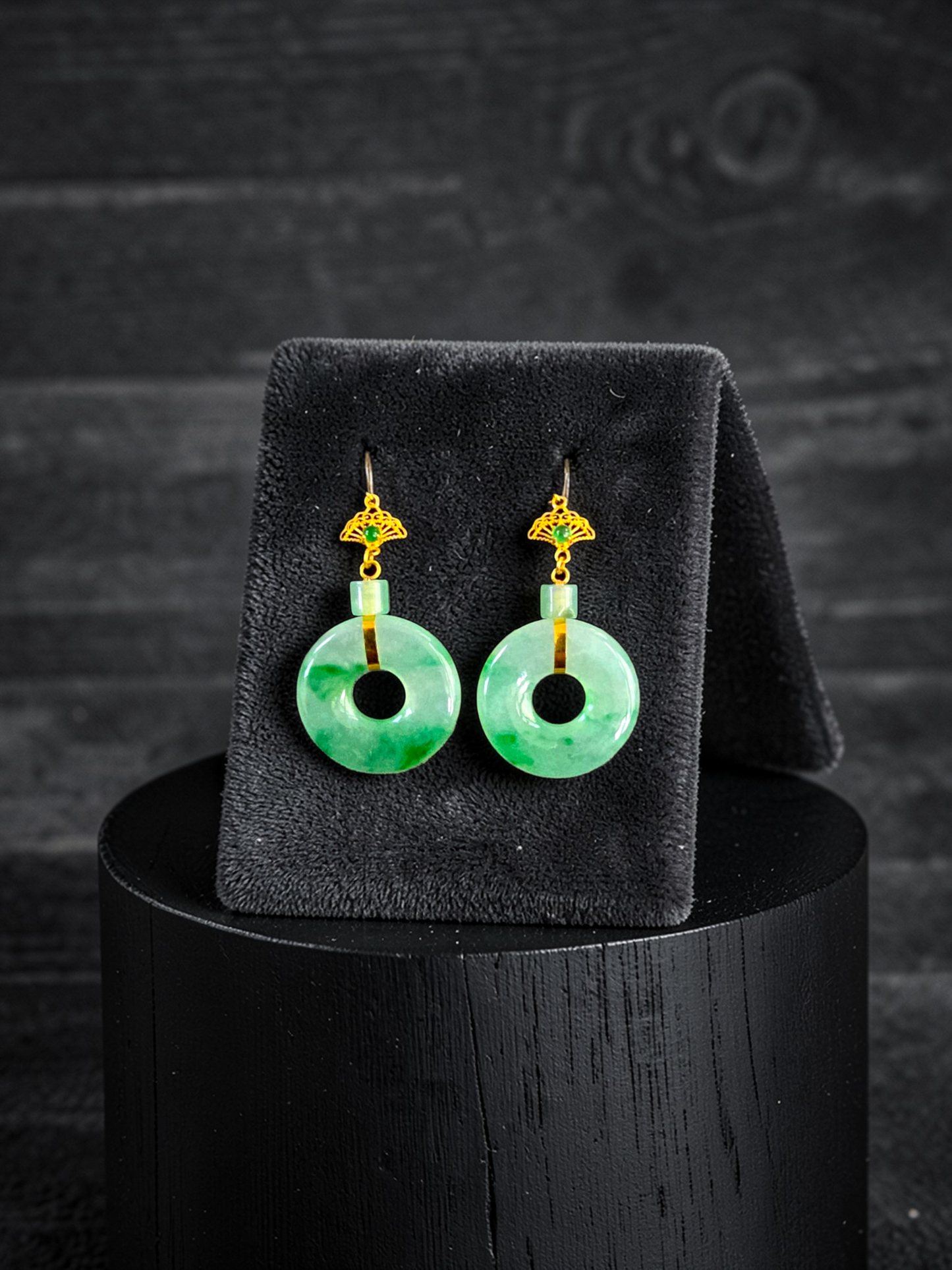 Inuyama Dangling Donut Icy Green Burmese A-Jade French Hook Earrings (with 18K Yellow Gold) - Certified