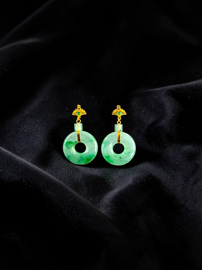Inuyama Dangling Donut Icy Green Burmese A-Jade French Hook Earrings (with 18K Yellow Gold) - Certified