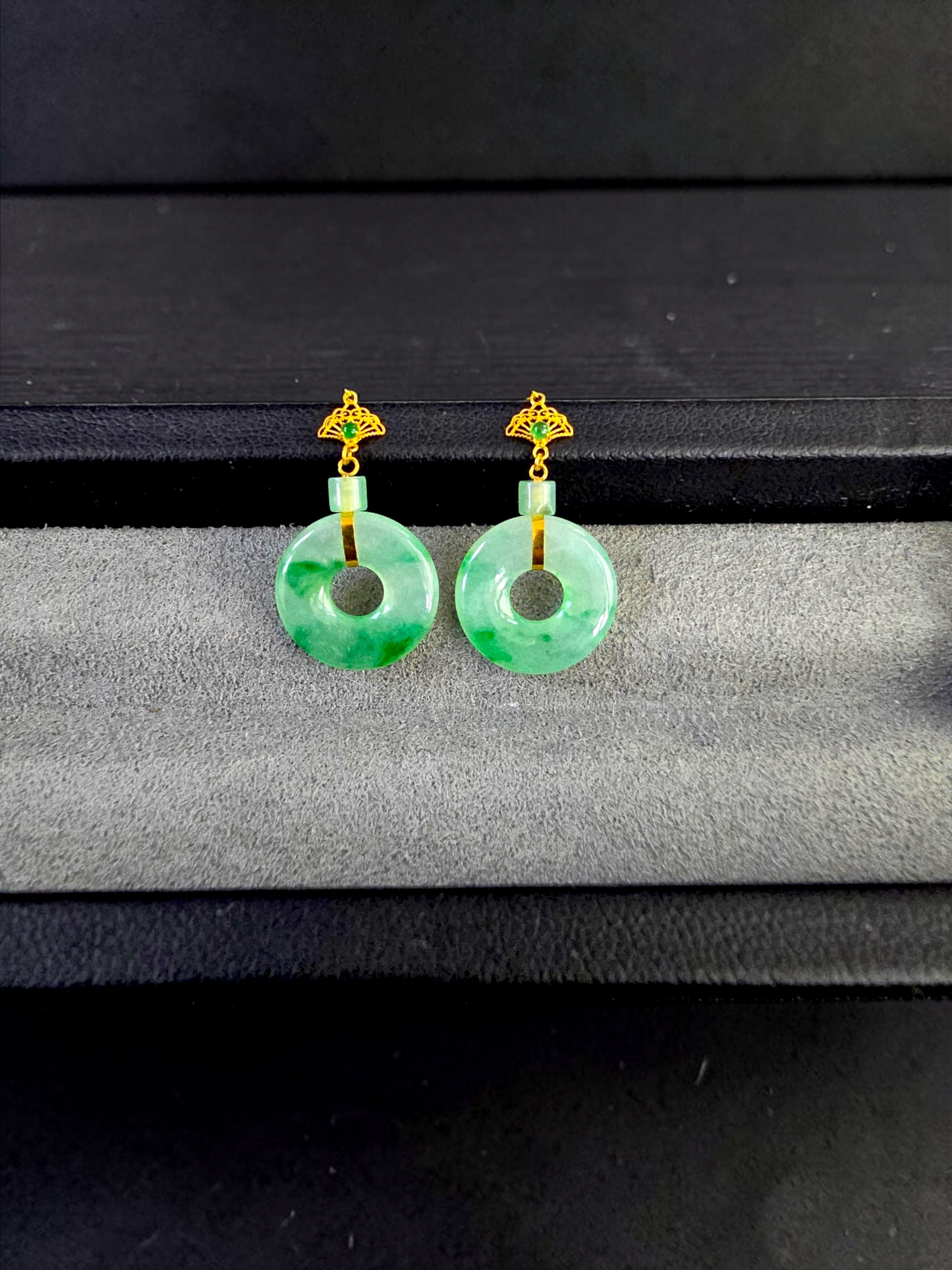 Inuyama Dangling Donut Icy Green Burmese A-Jade French Hook Earrings (with 18K Yellow Gold) - Certified