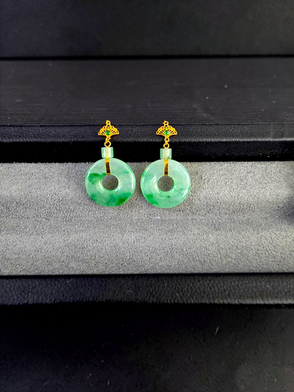 Inuyama Dangling Donut Icy Green Burmese A-Jade French Hook Earrings (with 18K Yellow Gold) - Certified