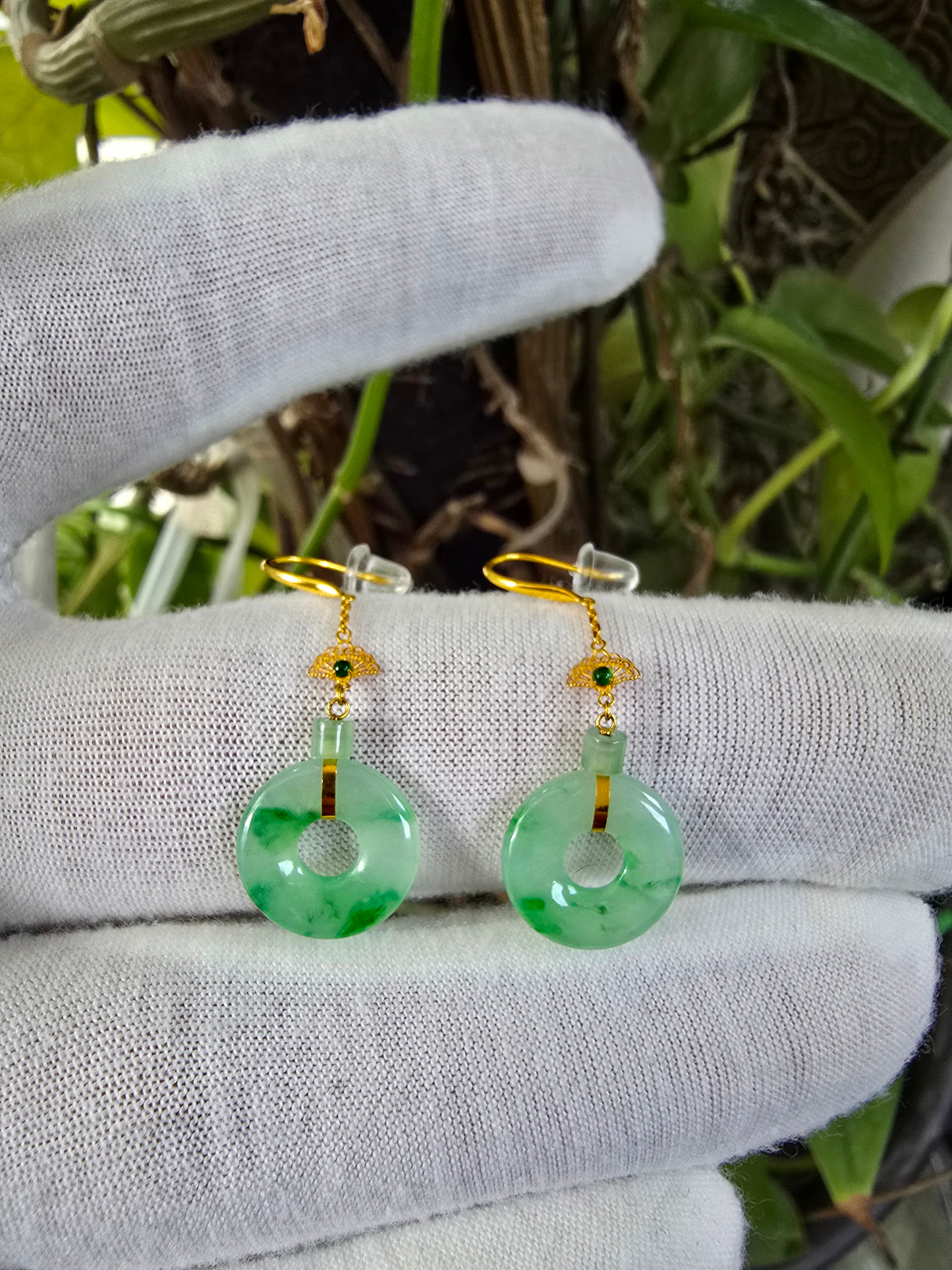 Inuyama Dangling Donut Icy Green Burmese A-Jade French Hook Earrings (with 18K Yellow Gold) - Certified