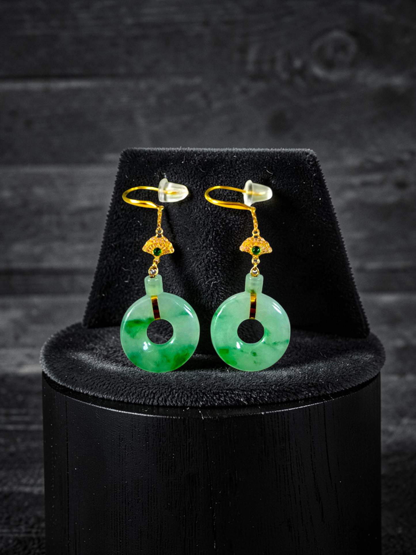 Inuyama Dangling Donut Icy Green Burmese A-Jade French Hook Earrings (with 18K Yellow Gold) - Certified