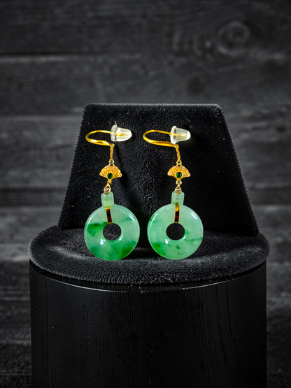 Inuyama Dangling Donut Icy Green Burmese A-Jade French Hook Earrings (with 18K Yellow Gold) - Certified