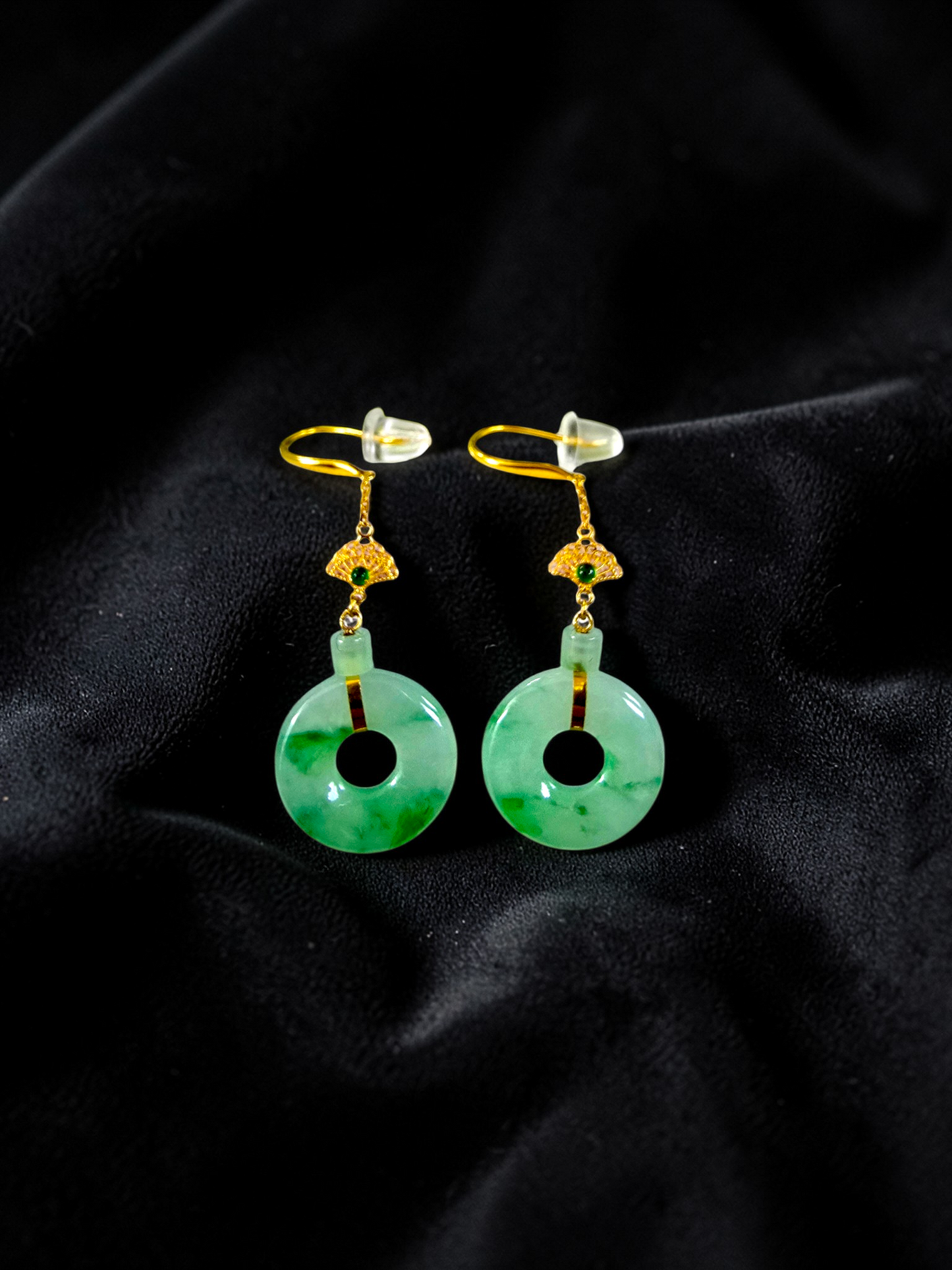 Inuyama Dangling Donut Icy Green Burmese A-Jade French Hook Earrings (with 18K Yellow Gold) - Certified
