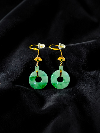 Inuyama Dangling Donut Icy Green Burmese A-Jade French Hook Earrings (with 18K Yellow Gold) - Certified