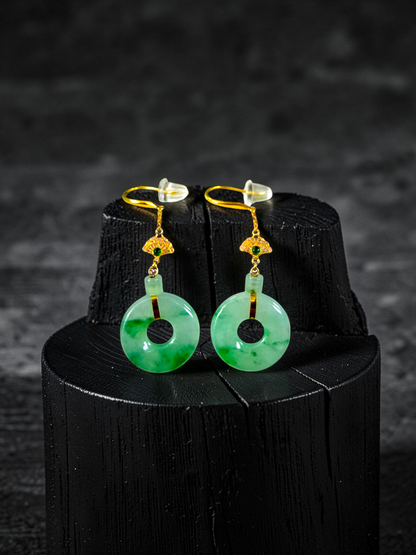 Inuyama Dangling Donut Icy Green Burmese A-Jade French Hook Earrings (with 18K Yellow Gold) - Certified