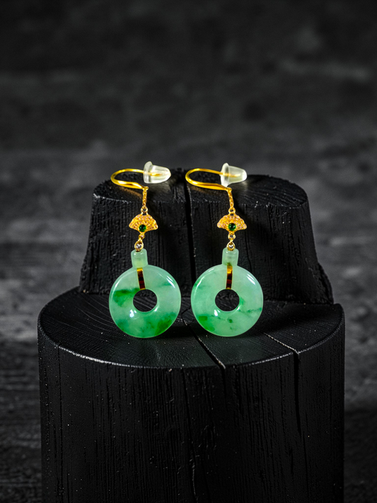 Inuyama Dangling Donut Icy Green Burmese A-Jade French Hook Earrings (with 18K Yellow Gold) - Certified