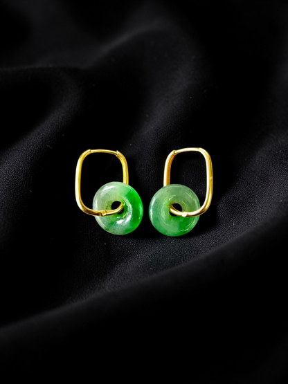 Tokoname Dangling Donut Bright Icy Green Burmese A-Jade Earrings (with 18K Yellow Gold) - Certified
