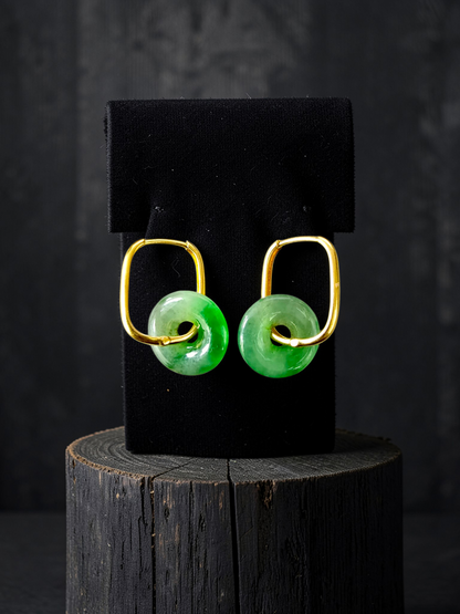 Tokoname Dangling Donut Bright Icy Green Burmese A-Jade Earrings (with 18K Yellow Gold) - Certified