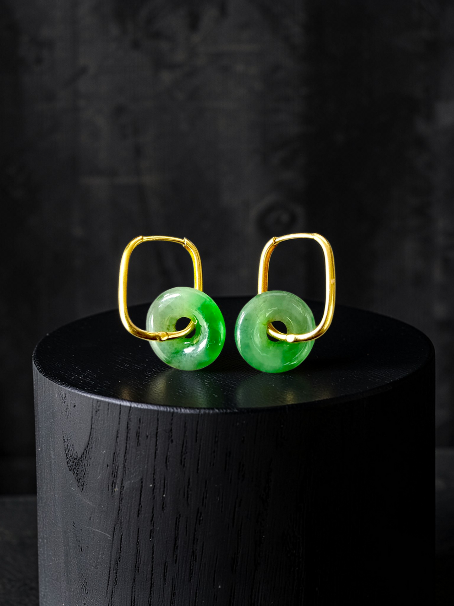 Tokoname Dangling Donut Bright Icy Green Burmese A-Jade Earrings (with 18K Yellow Gold) - Certified