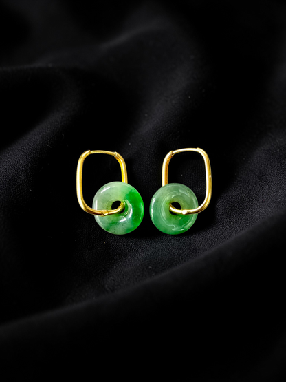 Tokoname Dangling Donut Bright Icy Green Burmese A-Jade Earrings (with 18K Yellow Gold) - Certified