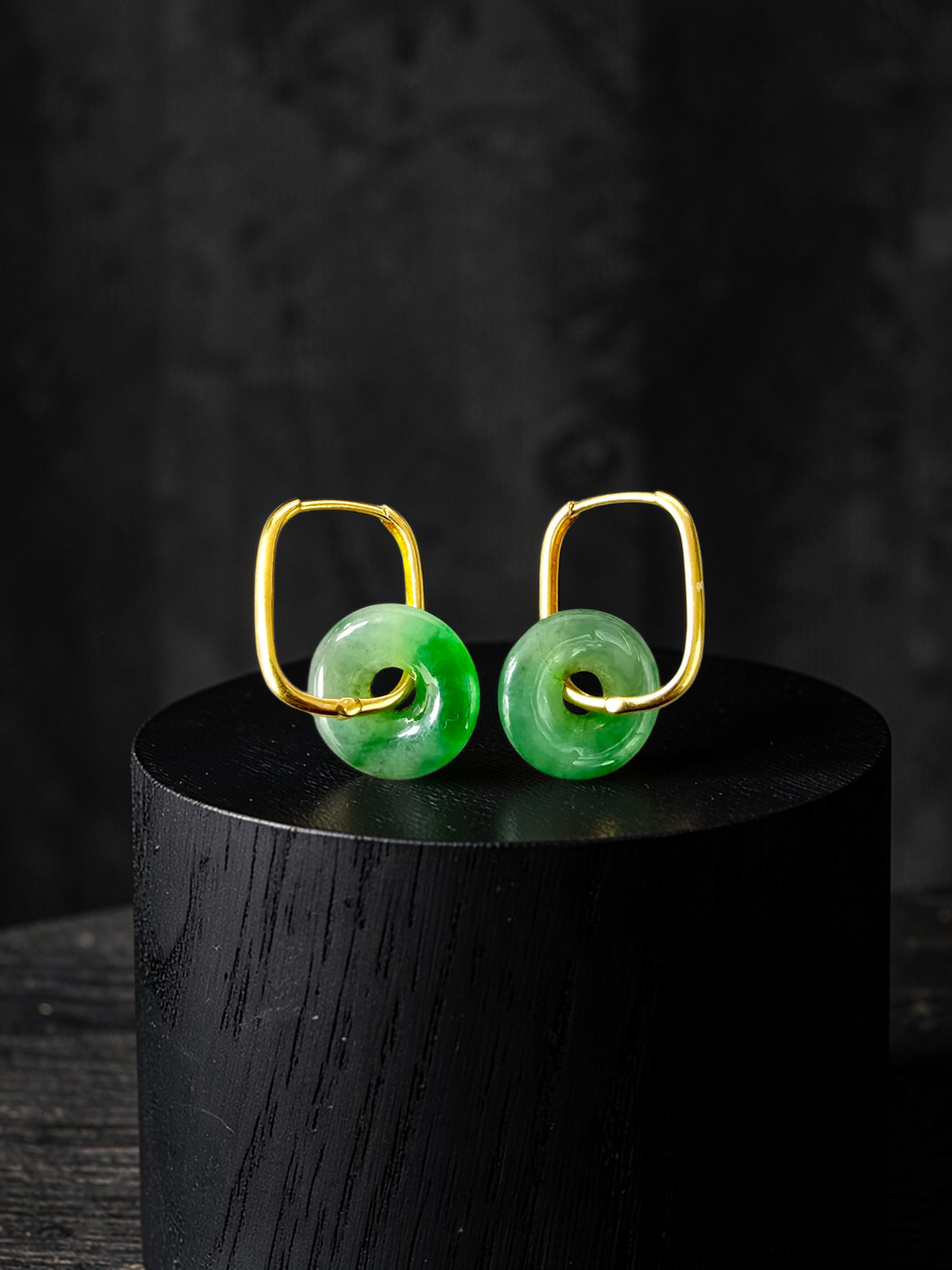 Tokoname Dangling Donut Bright Icy Green Burmese A-Jade Earrings (with 18K Yellow Gold) - Certified