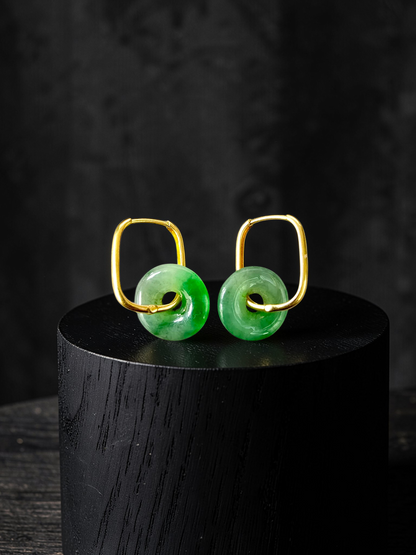 Tokoname Dangling Donut Bright Icy Green Burmese A-Jade Earrings (with 18K Yellow Gold) - Certified
