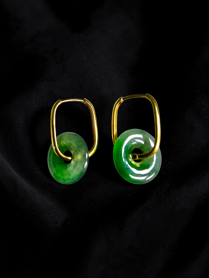 Tokoname Dangling Donut Bright Icy Green Burmese A-Jade Earrings (with 18K Yellow Gold) - Certified