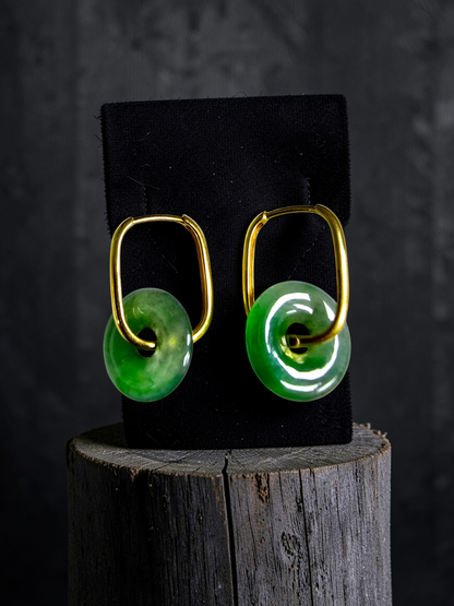 Tokoname Dangling Donut Bright Icy Green Burmese A-Jade Earrings (with 18K Yellow Gold) - Certified