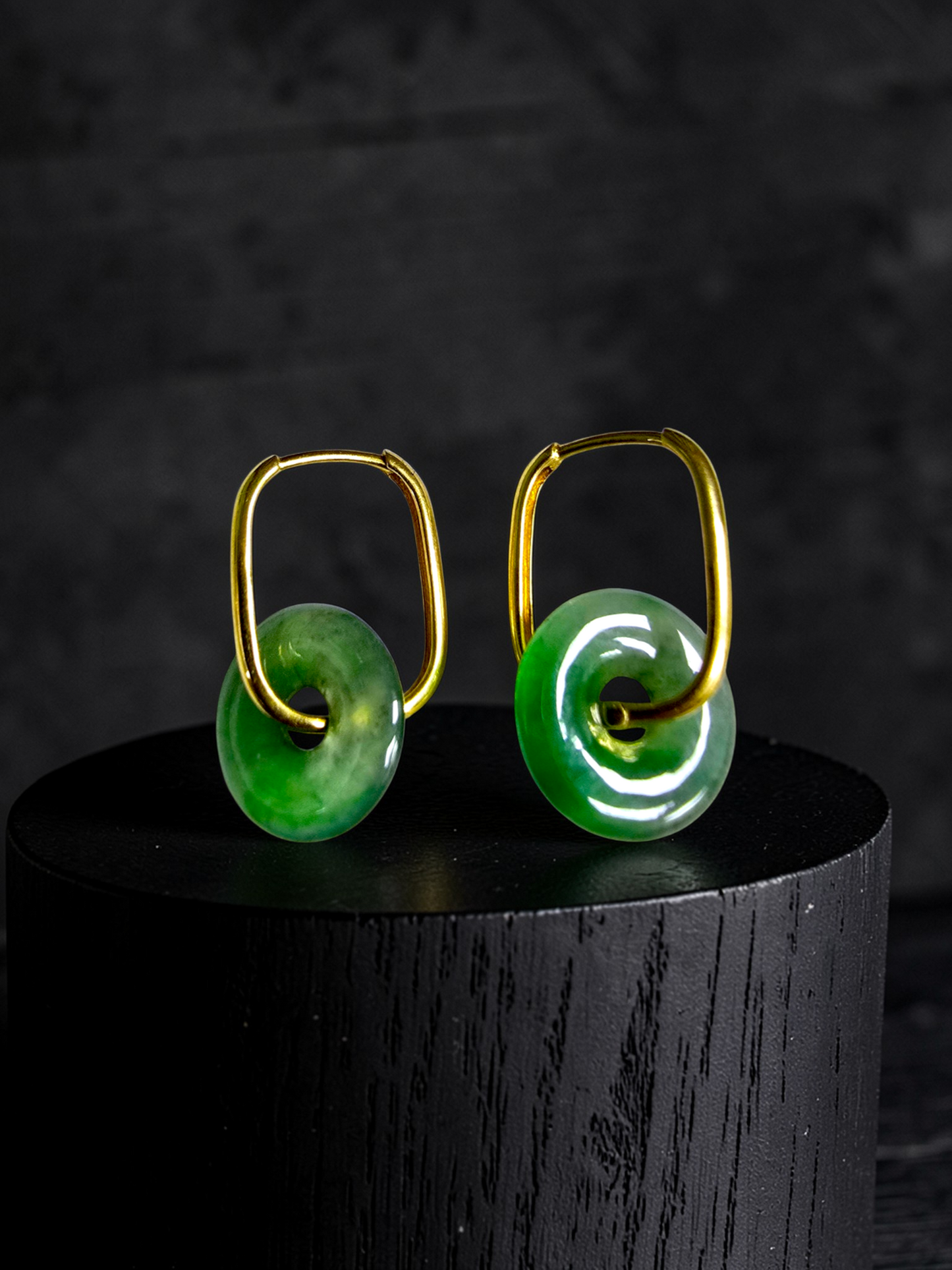 Tokoname Dangling Donut Bright Icy Green Burmese A-Jade Earrings (with 18K Yellow Gold) - Certified