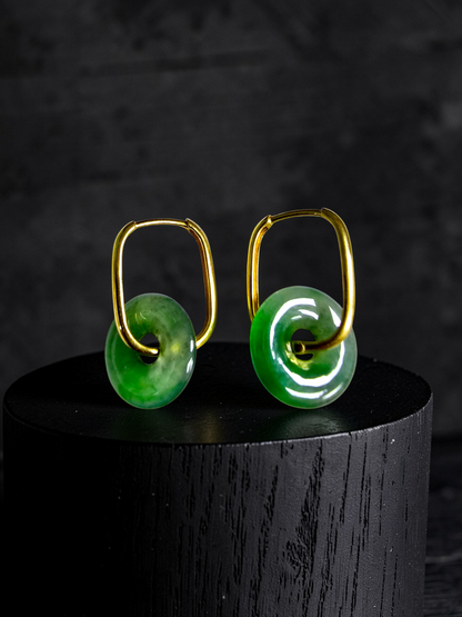 Tokoname Dangling Donut Bright Icy Green Burmese A-Jade Earrings (with 18K Yellow Gold) - Certified