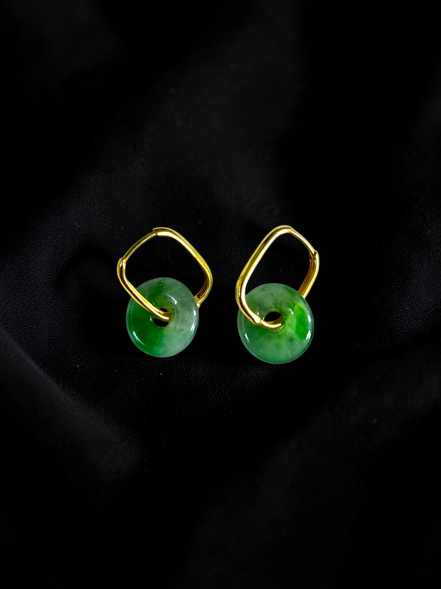 Tokoname Dangling Donut Bright Icy Green Burmese A-Jade Earrings (with 18K Yellow Gold) - Certified