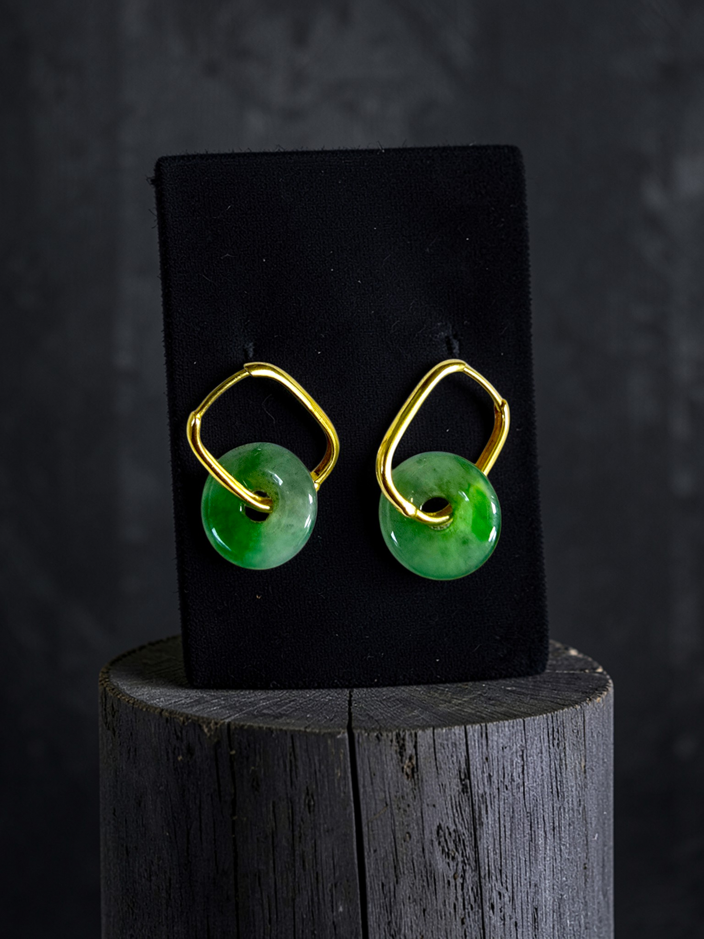Tokoname Dangling Donut Bright Icy Green Burmese A-Jade Earrings (with 18K Yellow Gold) - Certified