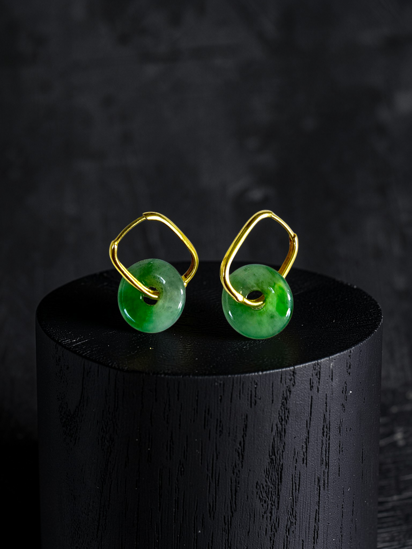 Tokoname Dangling Donut Bright Icy Green Burmese A-Jade Earrings (with 18K Yellow Gold) - Certified