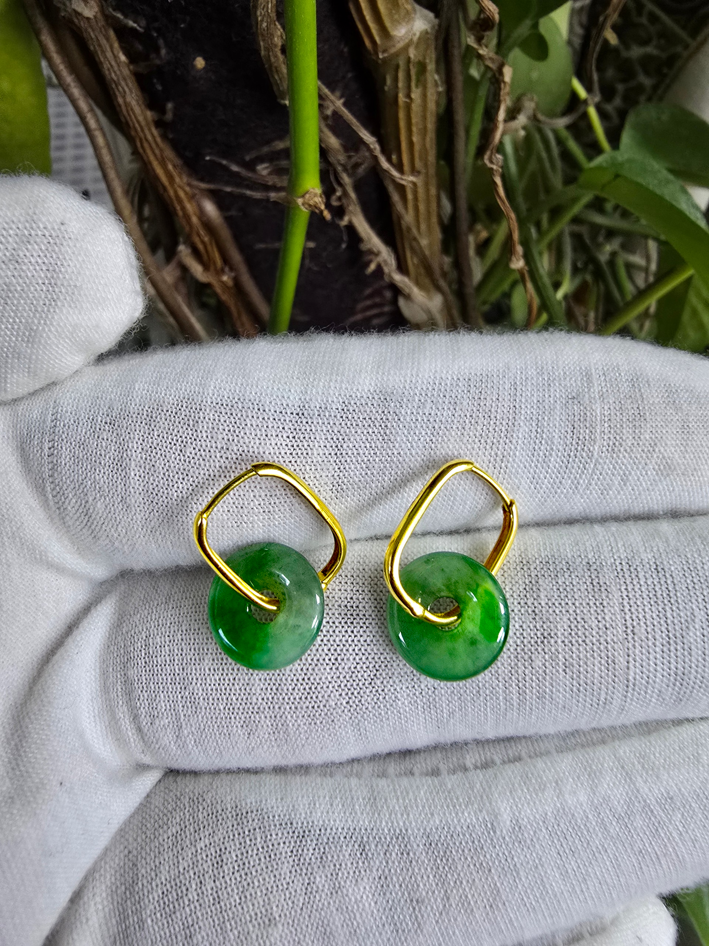 Tokoname Dangling Donut Bright Icy Green Burmese A-Jade Earrings (with 18K Yellow Gold) - Certified
