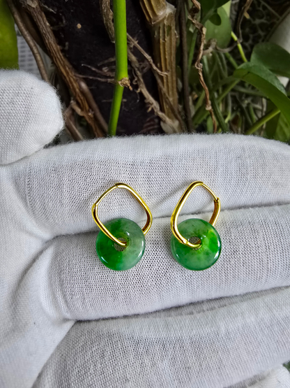 Tokoname Dangling Donut Bright Icy Green Burmese A-Jade Earrings (with 18K Yellow Gold) - Certified