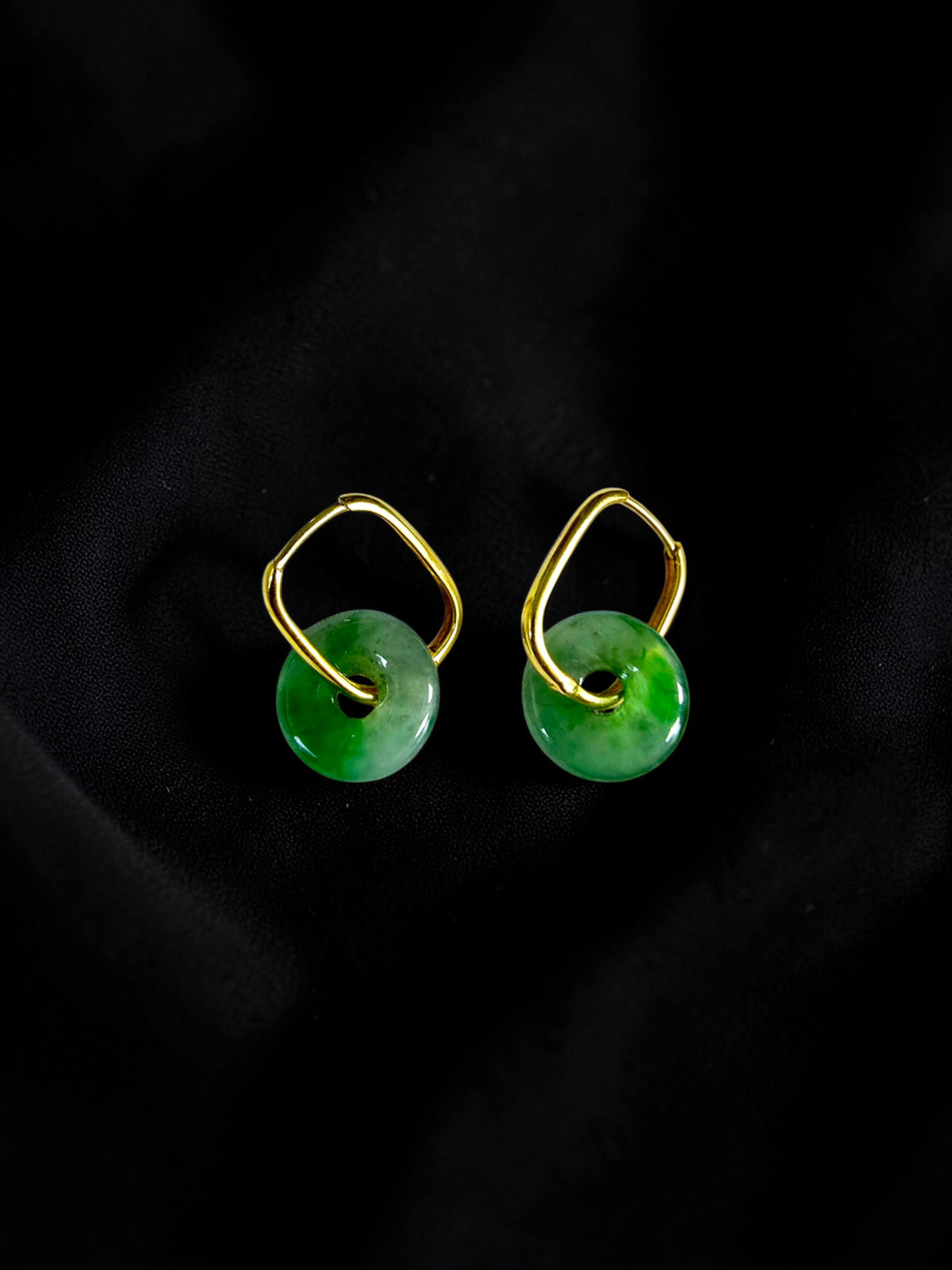 Tokoname Dangling Donut Bright Icy Green Burmese A-Jade Earrings (with 18K Yellow Gold) - Certified