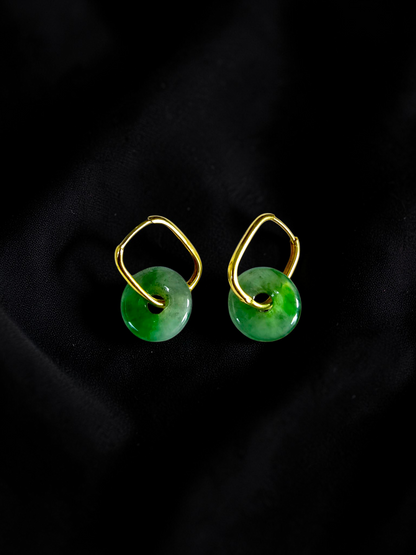 Tokoname Dangling Donut Bright Icy Green Burmese A-Jade Earrings (with 18K Yellow Gold) - Certified