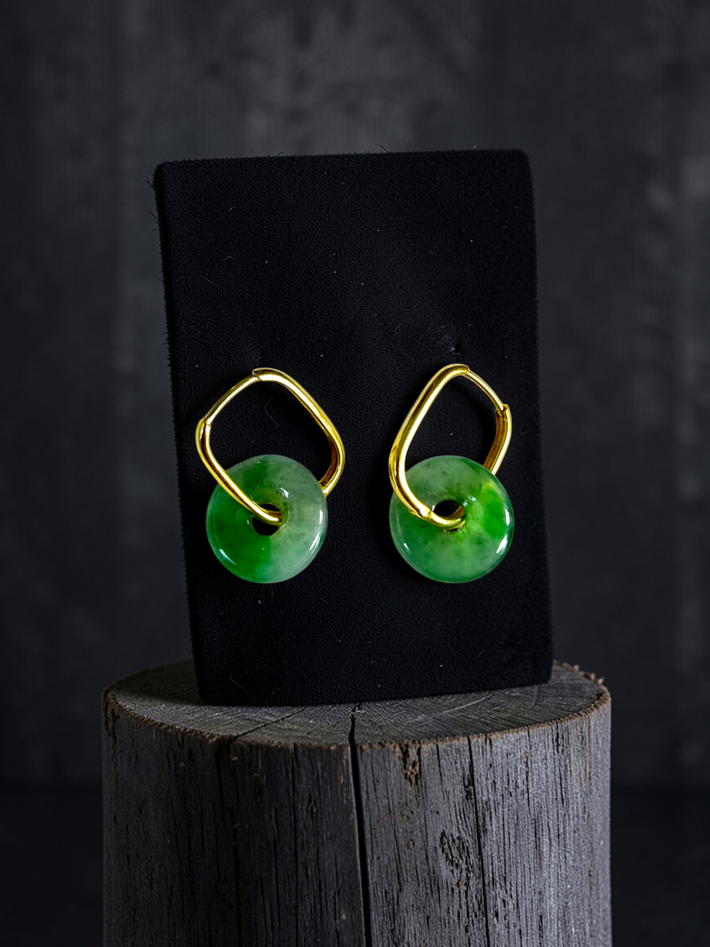 Tokoname Dangling Donut Bright Icy Green Burmese A-Jade Earrings (with 18K Yellow Gold) - Certified