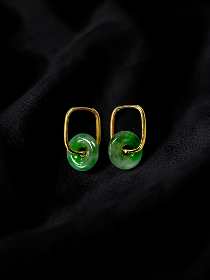 Tokoname Dangling Donut Bright Icy Green Burmese A-Jade Earrings (with 18K Yellow Gold) - Certified