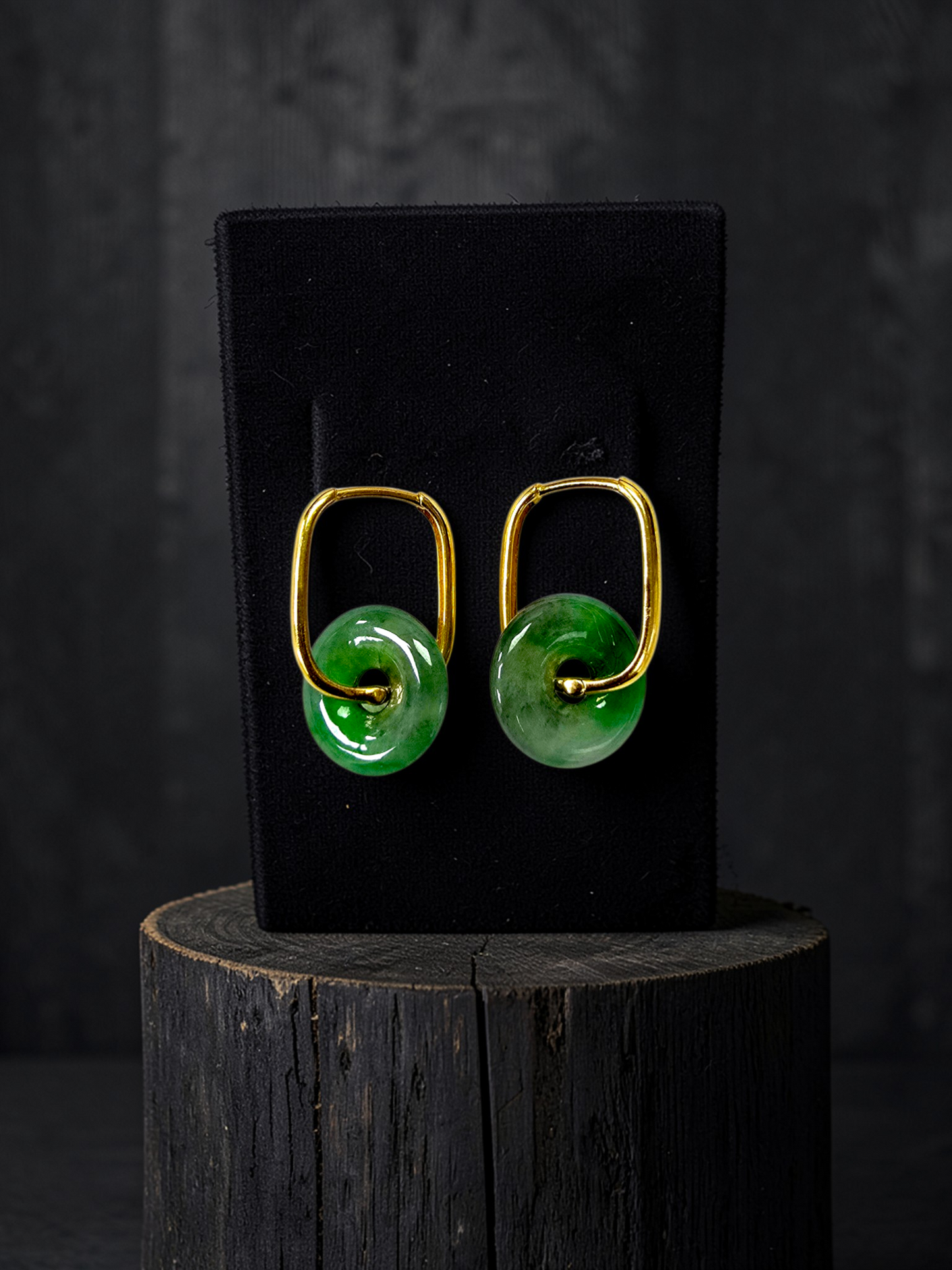 Tokoname Dangling Donut Bright Icy Green Burmese A-Jade Earrings (with 18K Yellow Gold) - Certified