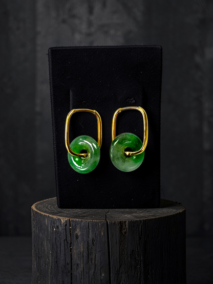 Tokoname Dangling Donut Bright Icy Green Burmese A-Jade Earrings (with 18K Yellow Gold) - Certified