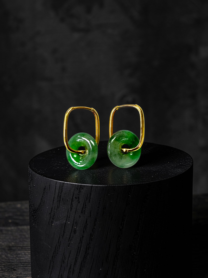Tokoname Dangling Donut Bright Icy Green Burmese A-Jade Earrings (with 18K Yellow Gold) - Certified