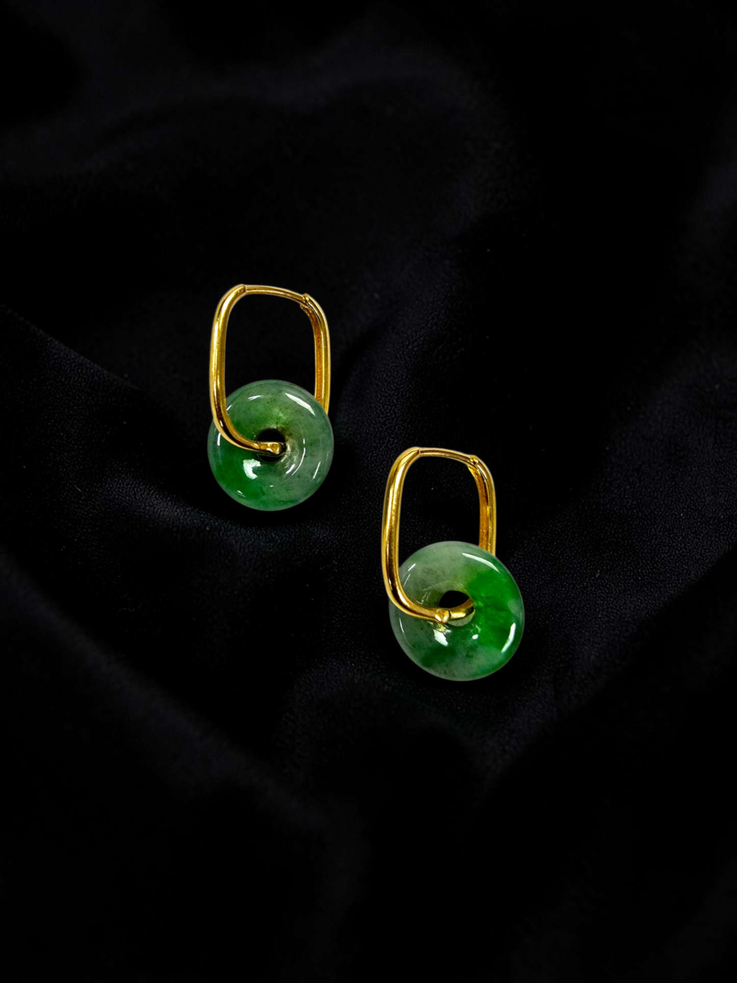 Tokoname Dangling Donut Bright Icy Green Burmese A-Jade Earrings (with 18K Yellow Gold) - Certified