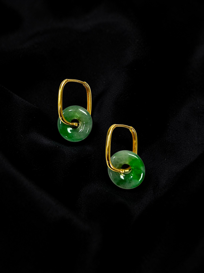 Tokoname Dangling Donut Bright Icy Green Burmese A-Jade Earrings (with 18K Yellow Gold) - Certified