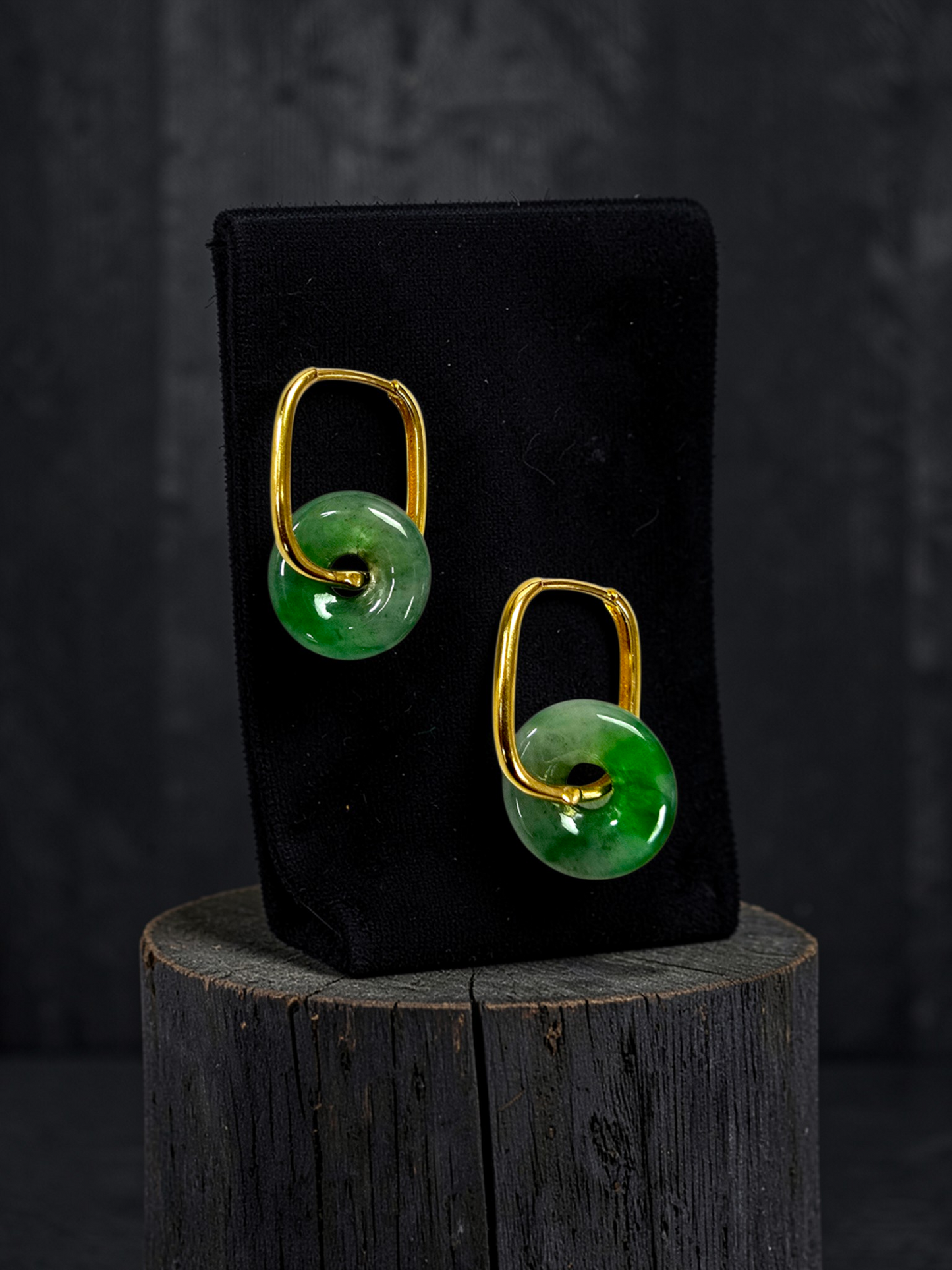 Tokoname Dangling Donut Bright Icy Green Burmese A-Jade Earrings (with 18K Yellow Gold) - Certified