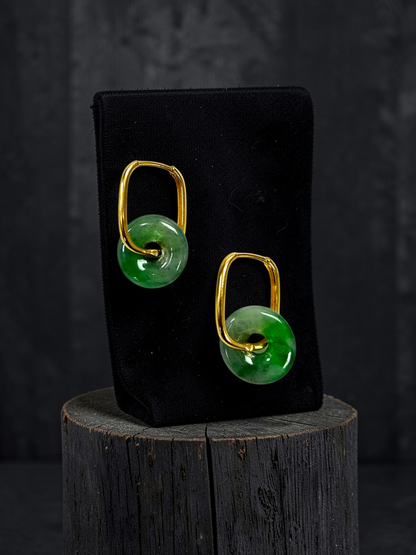 Tokoname Dangling Donut Bright Icy Green Burmese A-Jade Earrings (with 18K Yellow Gold) - Certified