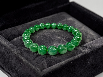 Certified Japanese Vivid Imperial Green Burmese A-Jade Beaded Bracelet (MADE IN JAPAN) (9.50 mm Each x 21 beads) 05050