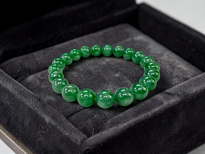 Certified Japanese Vivid Imperial Green Burmese A-Jade Beaded Bracelet (MADE IN JAPAN) (9.50 mm Each x 21 beads) 05050