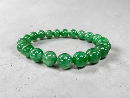 Certified Japanese Vivid Imperial Green Burmese A-Jade Beaded Bracelet (MADE IN JAPAN) (9.50 mm Each x 21 beads) 05050