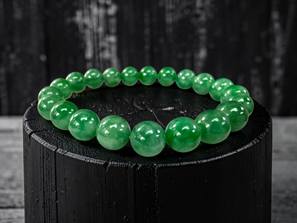 Certified Japanese Vivid Imperial Green Burmese A-Jade Beaded Bracelet (MADE IN JAPAN) (9.50 mm Each x 21 beads) 05050