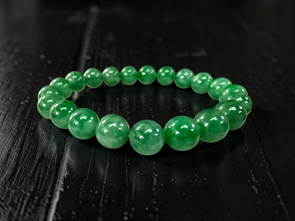 Certified Japanese Vivid Imperial Green Burmese A-Jade Beaded Bracelet (MADE IN JAPAN) (9.50 mm Each x 21 beads) 05050