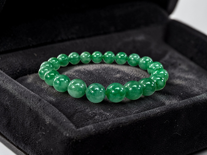 Certified Japanese Vivid Imperial Green Burmese A-Jade Beaded Bracelet (MADE IN JAPAN) (9.50 mm Each x 21 beads) 05050