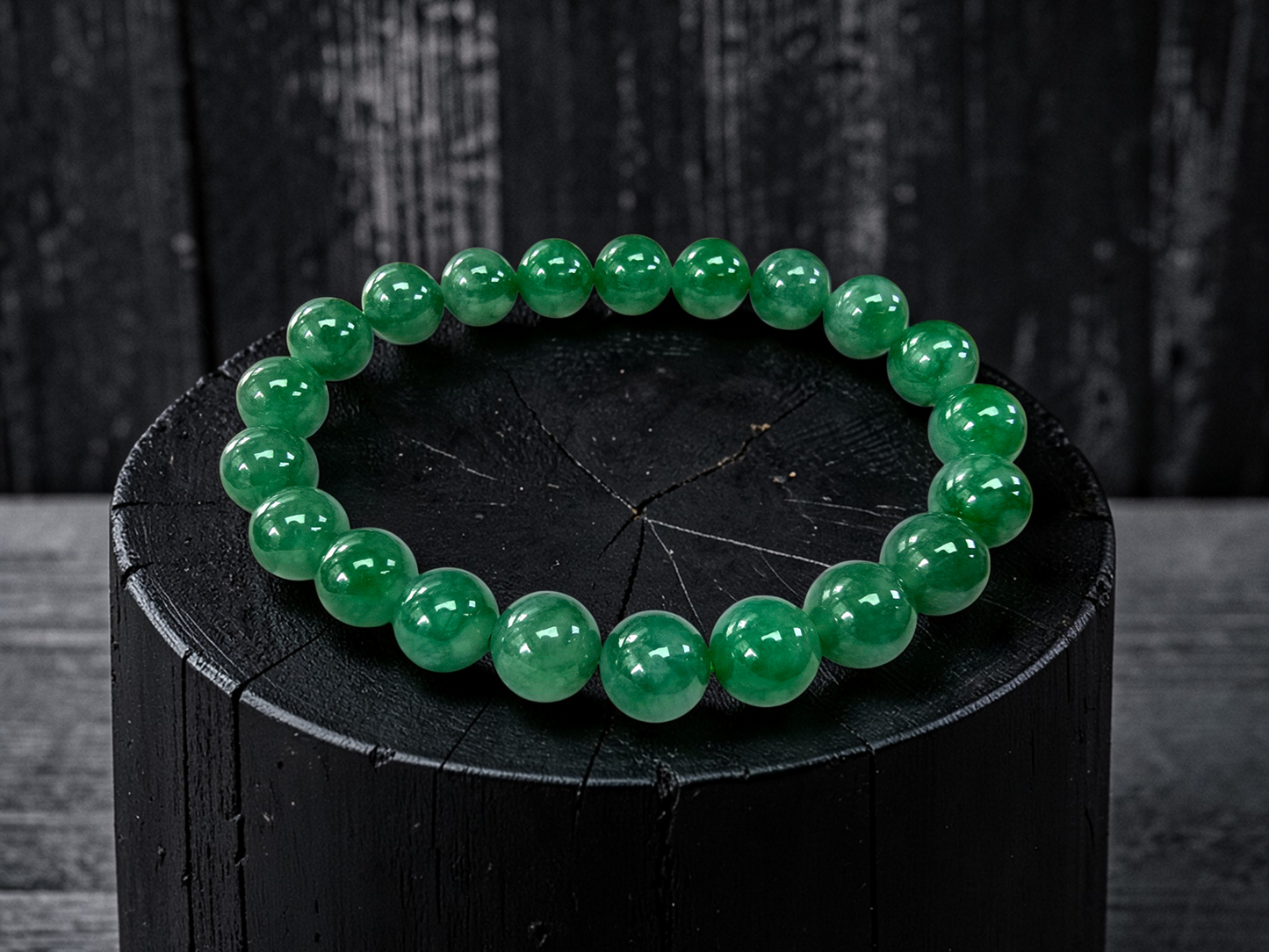 Certified Japanese Vivid Imperial Green Burmese A-Jade Beaded Bracelet (MADE IN JAPAN) (9.50 mm Each x 21 beads) 05050